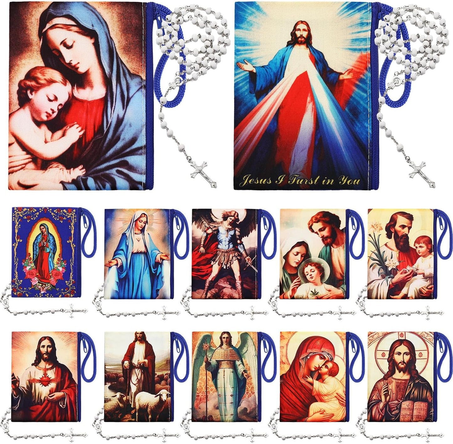 HOTRemuuly 12 Sets Catholic Rosary Pouch with Wood Catholic Rope Rosary 4.9'' x 3.5'' Coin Purse Holder Bag with Zipper for Prayer Storage Small Religious Keepsake Gift First Communion Baptism Gift