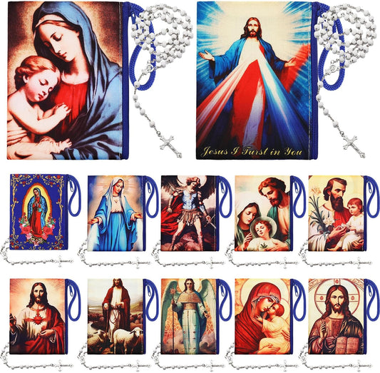 HOTRemuuly 12 Sets Catholic Rosary Pouch with Wood Catholic Rope Rosary 4.9'' x 3.5'' Coin Purse Holder Bag with Zipper for Prayer Storage Small Religious Keepsake Gift First Communion Baptism Gift