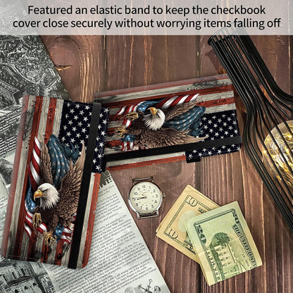 HOTFUYOCWE Leather Checkbook Cover for Men Women Check book Holder Cover for Personal Checkbook Checks with RFID Blocking & Elastic Strap-Bald Eagle with Flag