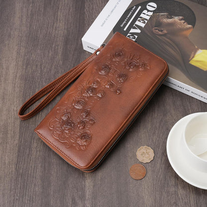 HOTMEITRUE Womens Wallet Large Capacity Phone Clutch Purse RFID Floral Embossed Vegan Leather Travel Wallet with Wristlet Brown