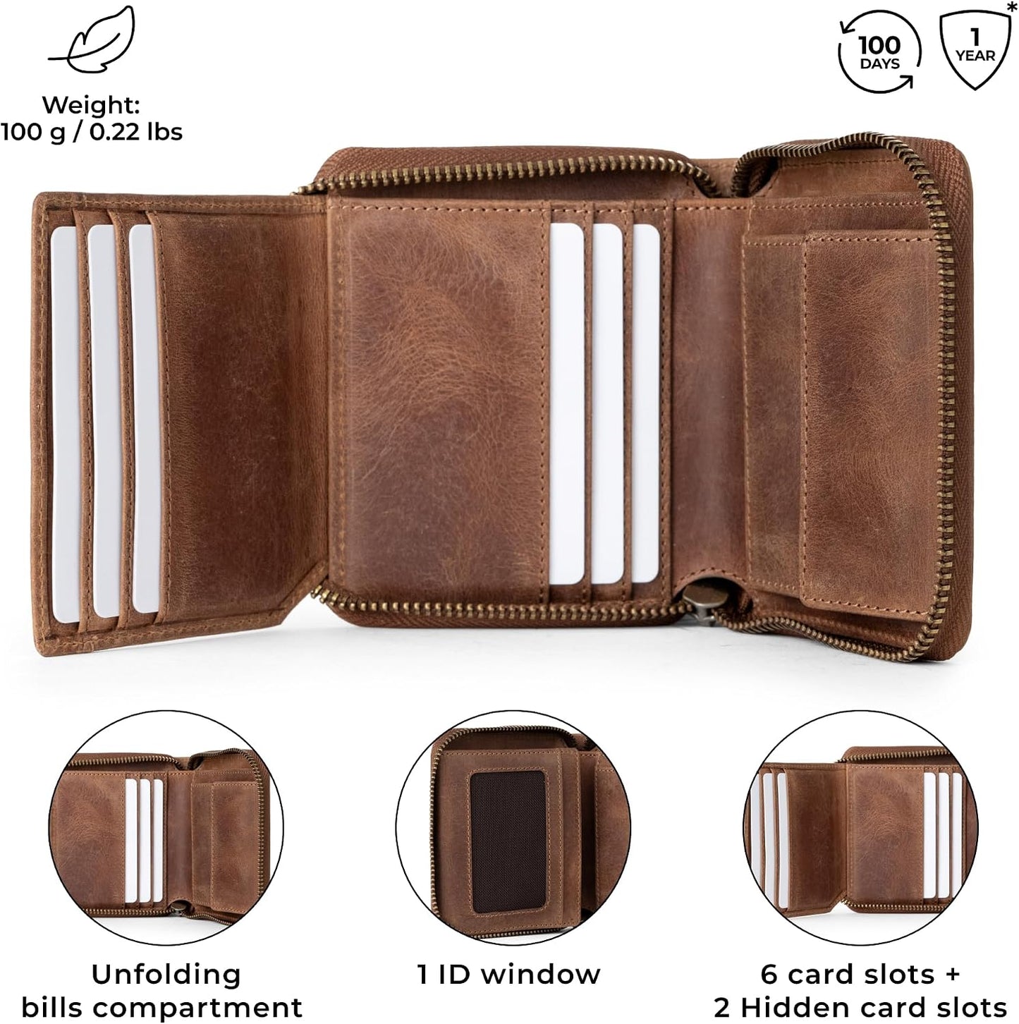 HOTBERLINER BAGS Genuine Leather Small Wallet Women Palermo, Gift Box – Brown | Soft Leather Trifold Zip Wallet, Fits Purses & Crossbody Bags, 8 Card Slots, 1 ID Window, Coin Pocket, RFID Blocking