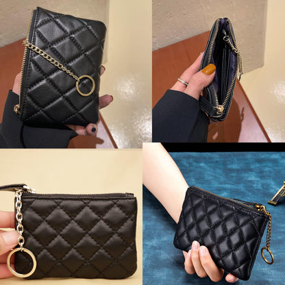 HOTDORIS&JACKY Quilted Leather Coin Purse for Women Mini RFID Zipper Wallet | Soft Lambskin Credit Card Holder with Key Chain, Small Designer Coin Pouch, RFID Blocking Functional Card Case
