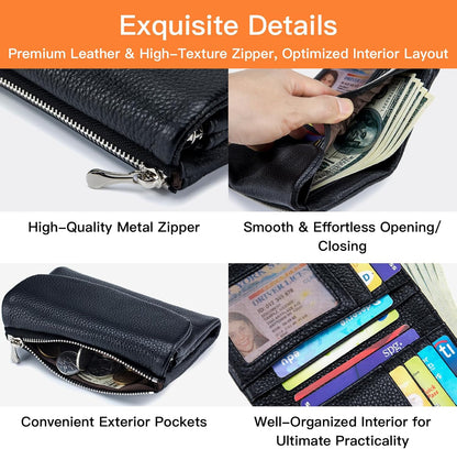 HOTGenuine Leather Wallet for women, RFID Blocking Soft Leather Bifold Compact Card Holder Wallet with Zipper Coin Pocket ID Window (Green)