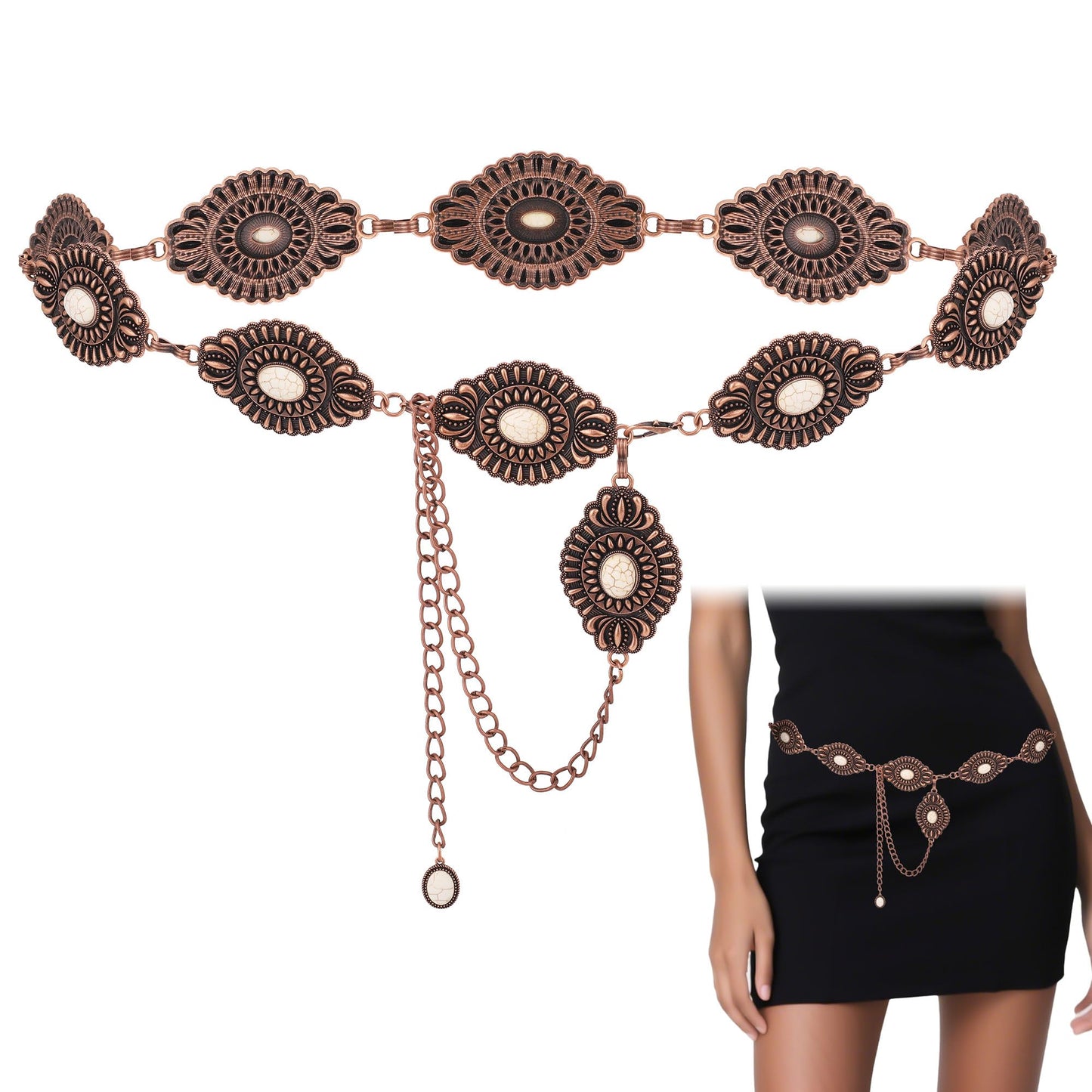 HOTWestern Turquoise Belt for Women Boho Cowgirl Concho Metal Belt for Country Concert Outfit Vintage Jewelry