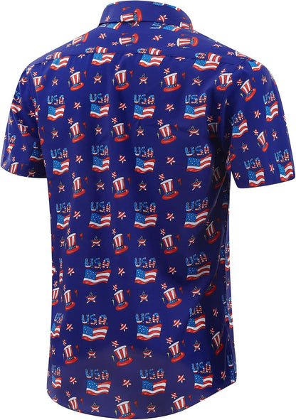 HOTMens American Flag Shirt - Patriotic Shirts for Men Short Sleeve Button Down Hawaiian Shirts