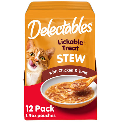 HOTDelectables Lickable Treat Stew Wet Cat Treat Variety Pack, Food Topper, Hydrating, Grain-Free, No Fillers, No By-Products, No Added Preservatives, 1.4oz Pouch, 12ct