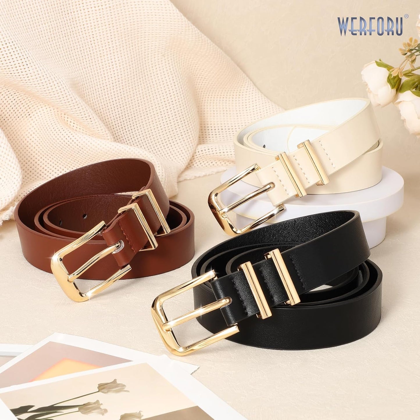 HOTWERFORU 3 PACK Women Belt Women Fashion Leather Belts for Jeans Pants Ladies Belts with Gold Buckle