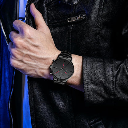 HOTNIBOSI Men's Analog Chronograph Watch, Minimalist Black Dial with Date | Waterproof Stainless Steel Strap, Business Fashion Casual Quartz Wrist Watches for Men