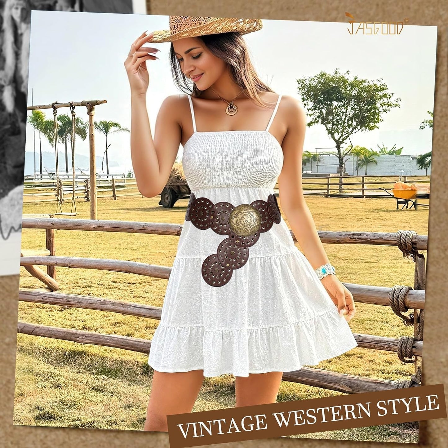 HOTJASGOOD Western Belts for Women Wide Hollow Disc Leather Belt Cowgirl Waist Belt for Jeans Dresses with Metal Buckle