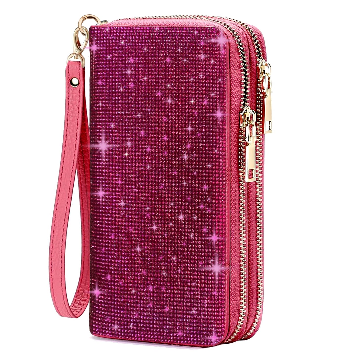 HOTWomen's Rhinestone Large Capacity Double Zipper Wristlet Clutch Purse Party Wallet Card Phone Holder
