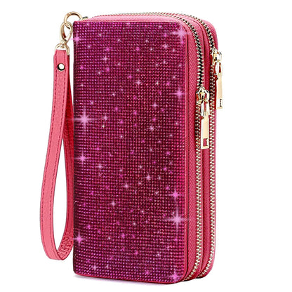 HOTWomen's Rhinestone Large Capacity Double Zipper Wristlet Clutch Purse Party Wallet Card Phone Holder