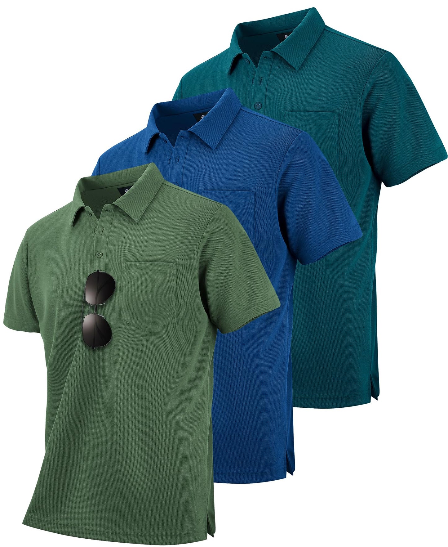 HOTZITY Men's 3 Pack Polo Shirts Short Sleeve with Pocket Moisture Wicking Casual Work Golf Lightweight Collared T-Shirts