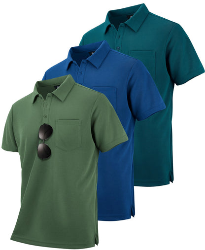 HOTZITY Men's 3 Pack Polo Shirts Short Sleeve with Pocket Moisture Wicking Casual Work Golf Lightweight Collared T-Shirts