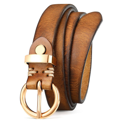 HOTSANSTHS Womens Genuine Leather Belts for Jeans Pants Trendy Vintage Thin Leather Belt Gold Buckle Ladies Skinny Waist Belt