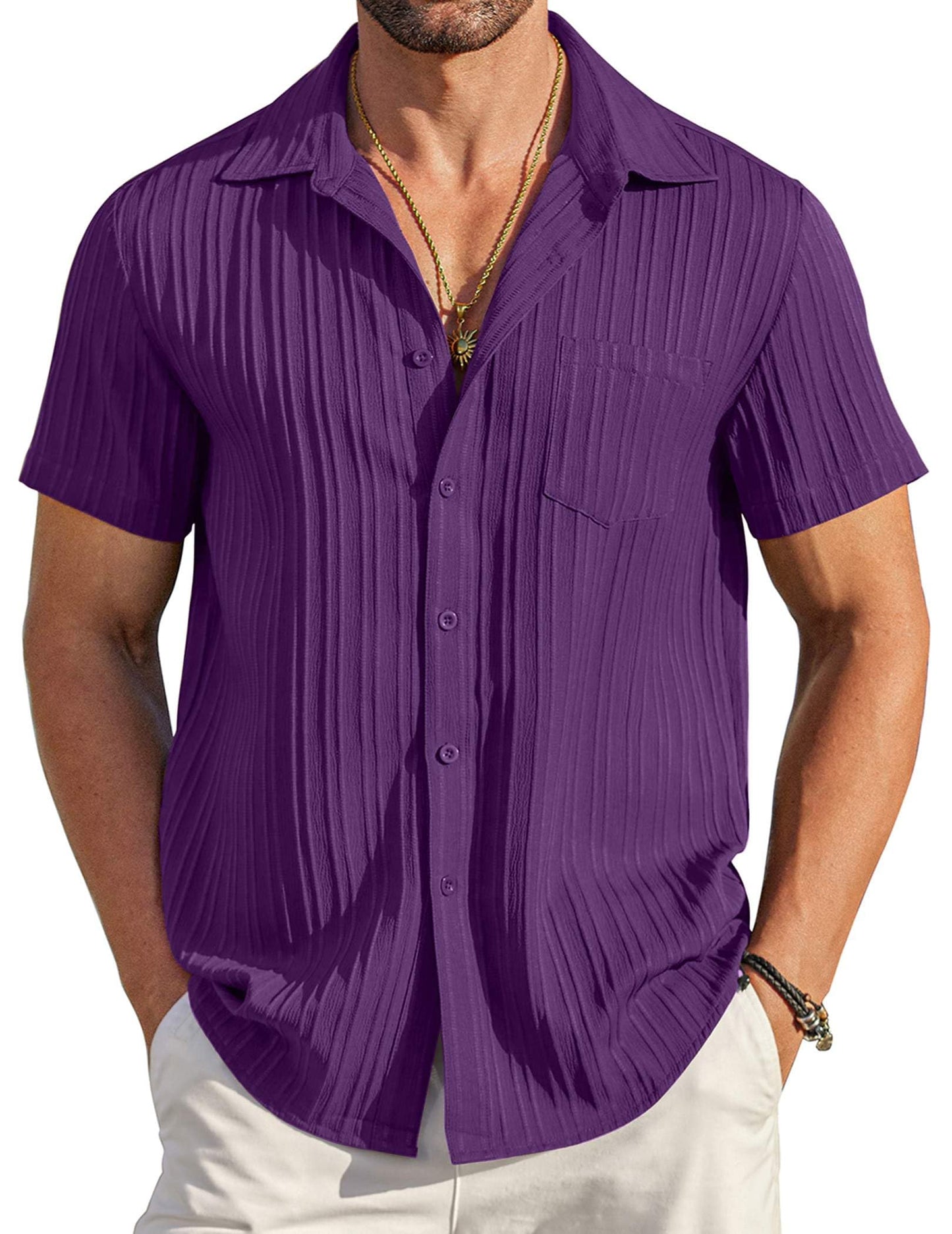 HOTCOOFANDY Men's Casual Button Down Shirts Short Sleeve Textured Summer Beach Shirt with Pocket