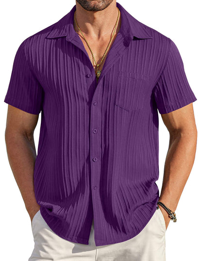 HOTCOOFANDY Men's Casual Button Down Shirts Short Sleeve Textured Summer Beach Shirt with Pocket