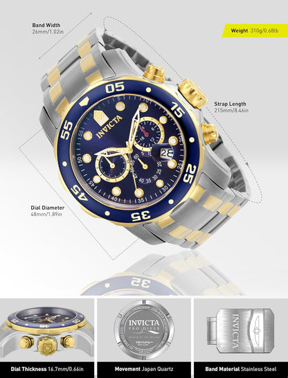 HOTInvicta Men's Pro Diver Scuba 48mm Two Tone Stainless Steel Chronograph Quartz Watch, TT/Blue (Model: 0077)