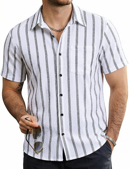 HOTVATPAVE Mens Summer Striped Shirts Button Down Short Sleeve Vintage Beach Hawaiian Shirts with Pocket