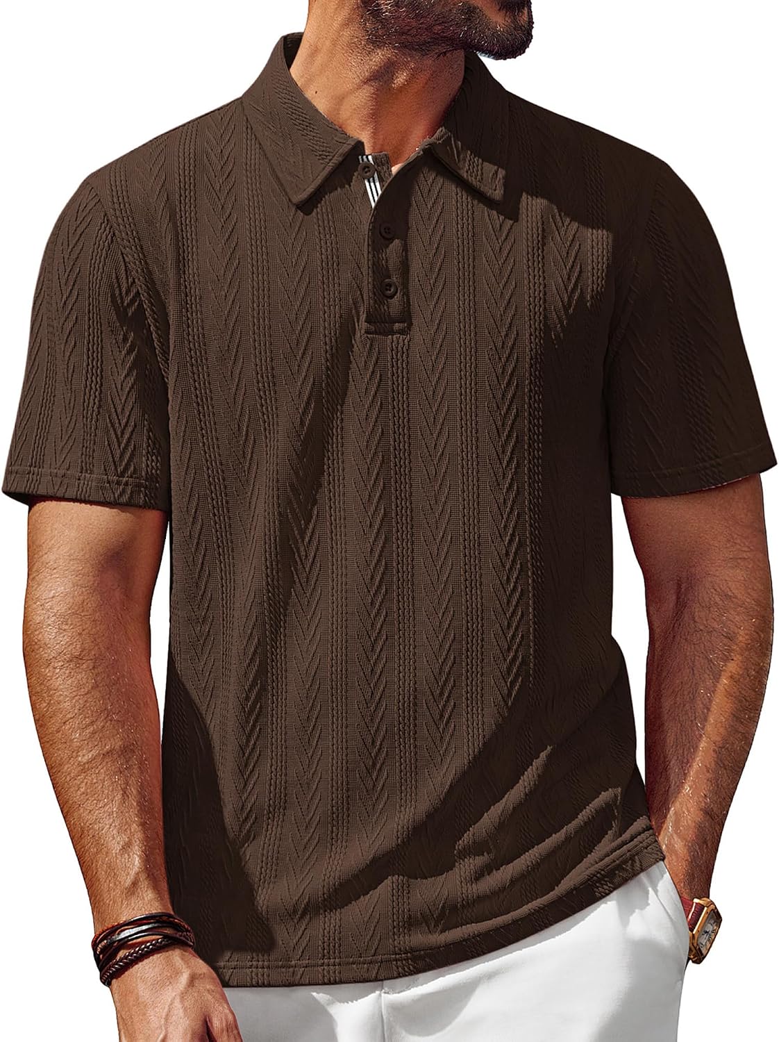 HOTPJ PAUL JONES Mens Polo Shirts Short Sleeve Knit Polo | Textured Knit Polo Shirt, Contrast Striped Placket, Golf Collared, Regular Fit, Stretchy, Wrinkle-free, Breathable, Old Money