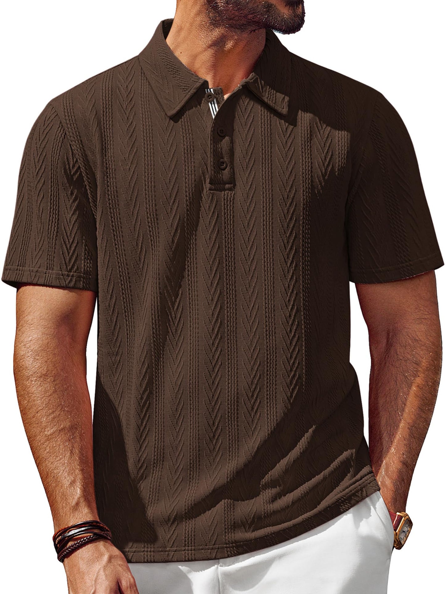 HOTPJ PAUL JONES Mens Polo Shirts Short Sleeve Knit Polo | Textured Knit Polo Shirt, Contrast Striped Placket, Golf Collared, Regular Fit, Stretchy, Wrinkle-free, Breathable, Old Money