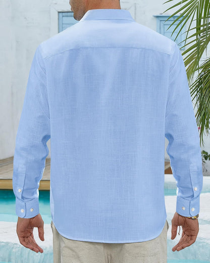 HOTJ.VER Men's Linen Shirts Casual Button Down Long Sleeve Shirt Solid Spread Collar Summer Beach Shirts with Pocket