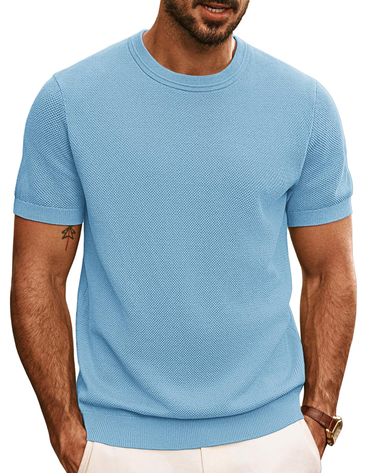 HOTPJ PAUL JONES Mens T Shirts Casual Knit Short Sleeve Tee | Crewneck, Textured Stretch T-Shirts, Lightweight, Comfortable, Breathable, Summer Clothing, Fashion, Classic, Vacation