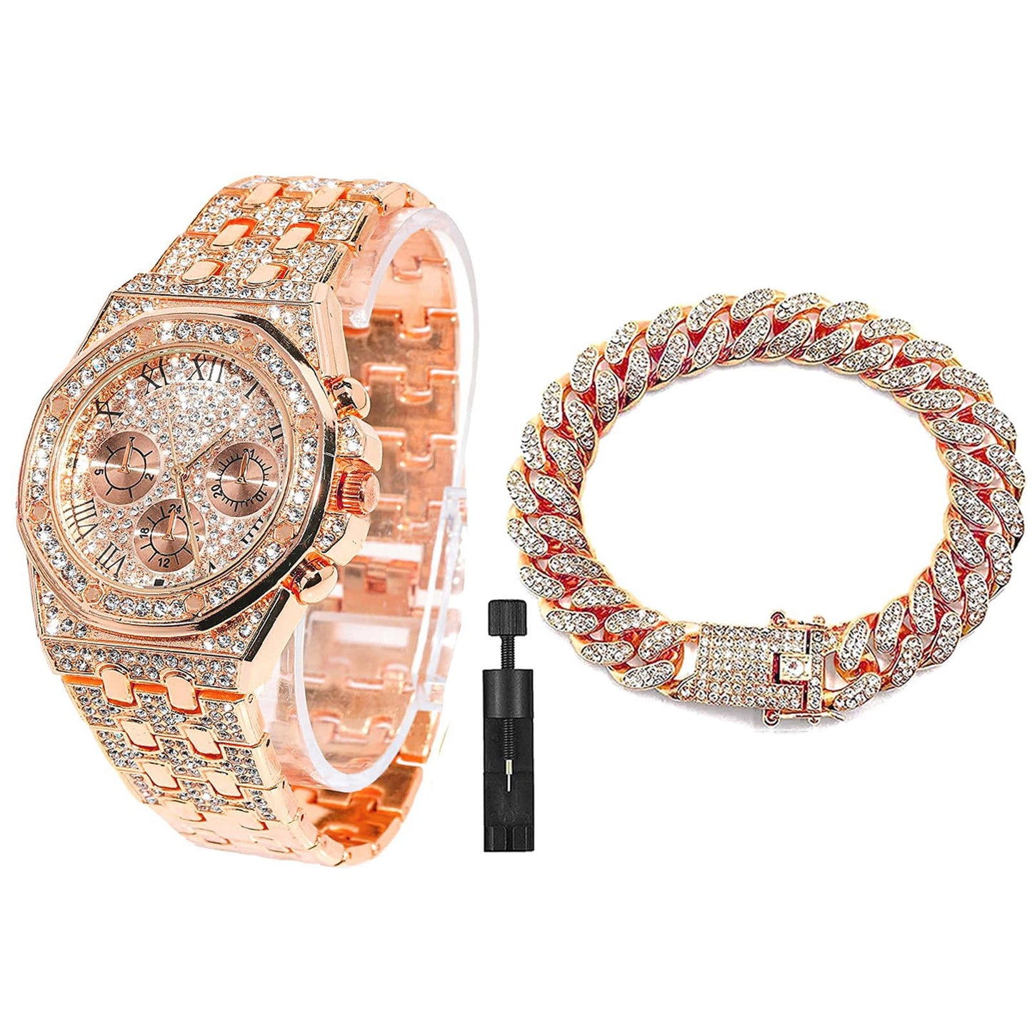 HOTApzzic Diamond Iced Out Watch CZ Gold Plated 40mm Width Roman Numerals Dial Quartz Wristband Watch for Men Women