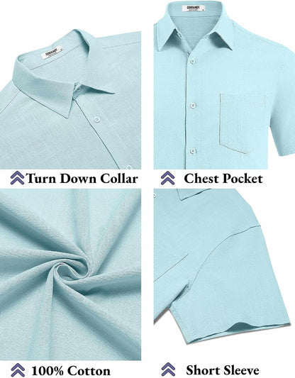 HOTCOOFANDY Men's Button Down Short Sleeve Shirt Casual Cotton Summer Beach Linen Wedding Shirts with Pocket