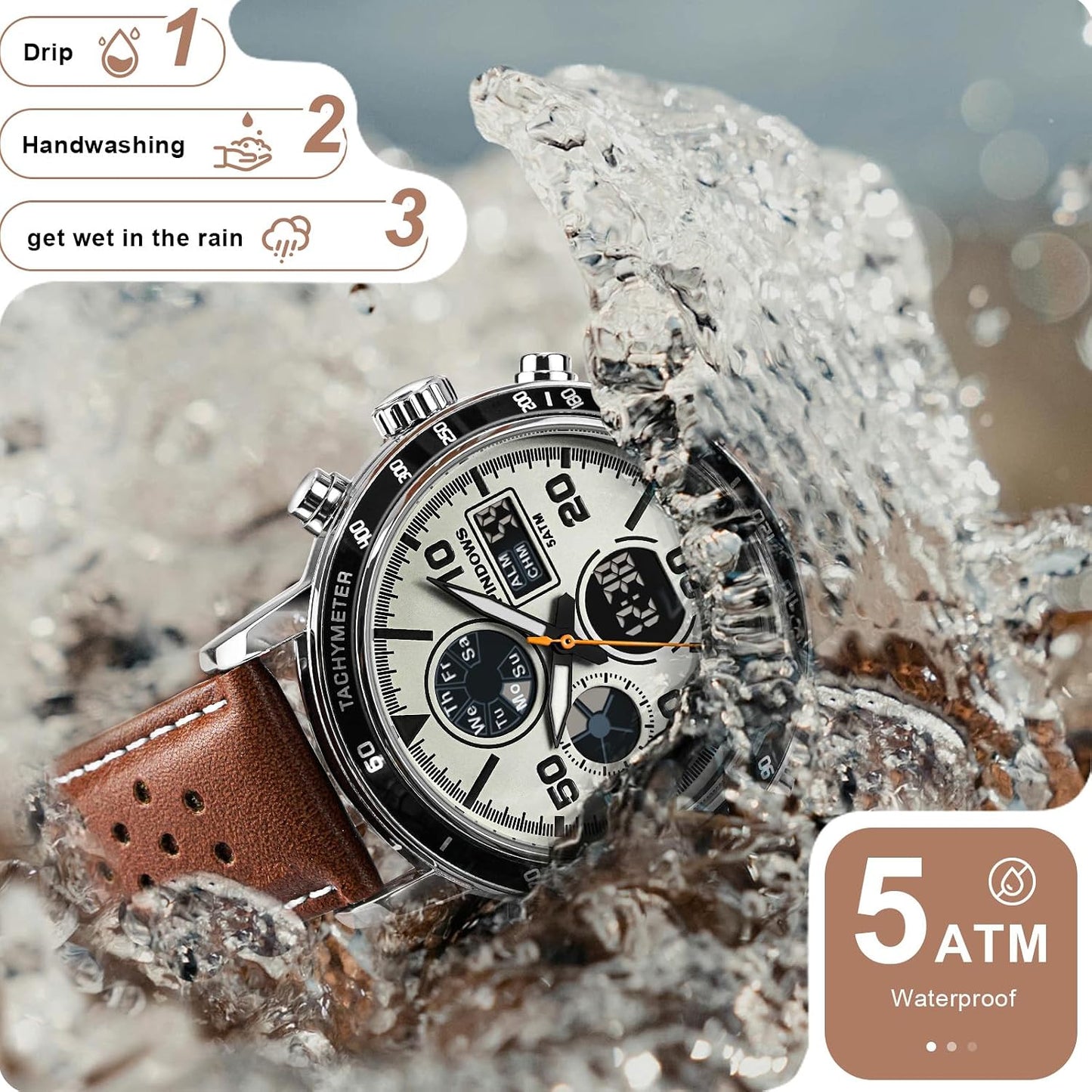 HOTPINDOWS Mens Digital Analog Watches, Multifunction Sport Casual | Dual time display, bright night backlight, daily alarm, precision stopwatch, and splash-proof construction