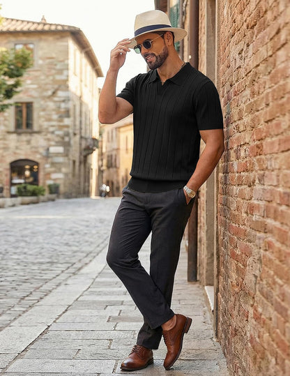 HOTCOOFANDY Mens Polo Shirts Short Sleeve V Neck Knit Shirts for Men Casual Old Money Clothes Mens Golf Shirt