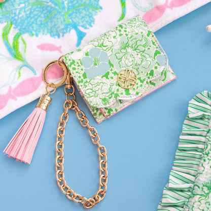 HOTLilly Pulitzer Leatherette Snap ID Card Case, Mint Condition Burst of Joy | Cute Keychain Wallet, Slim Credit Card Holder with Gold Chain Wristlet Strap and Tassel