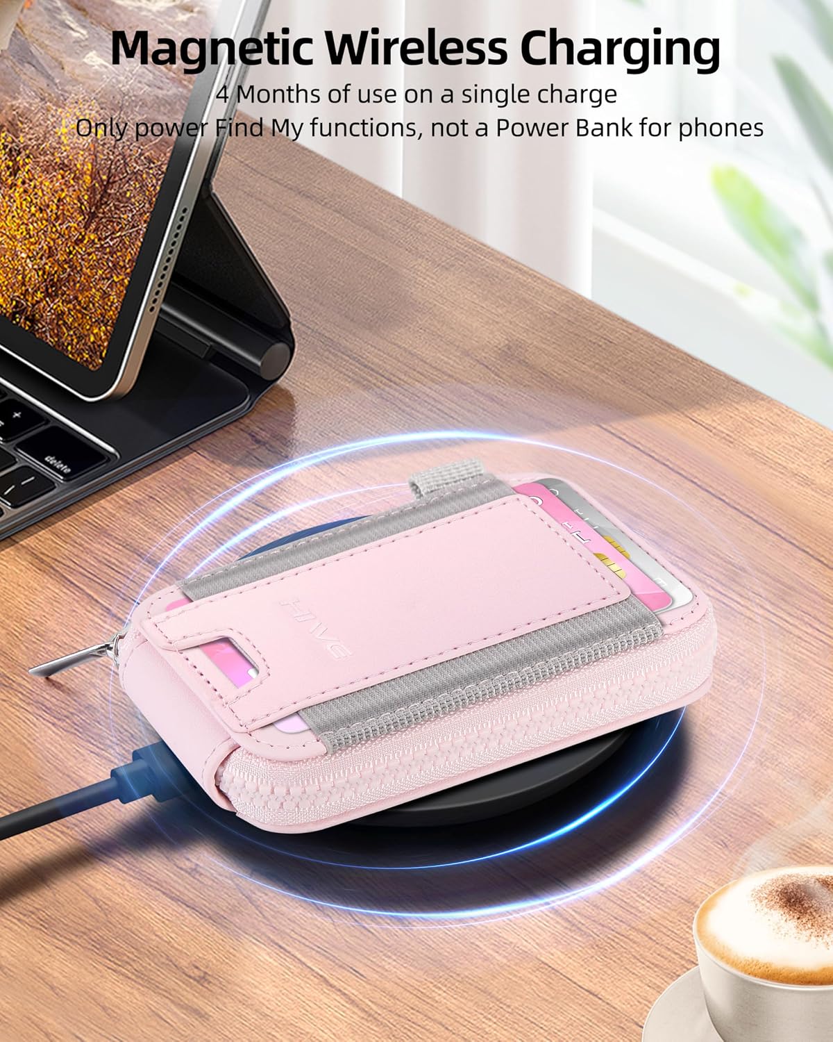 HOTSmall Wallet for Women with Rechargeable Find My Tracker Built-in, Zipper Accordion Credit Card Holder with Keyring, Anti-loss Fashion Minimalist Slim, Pink