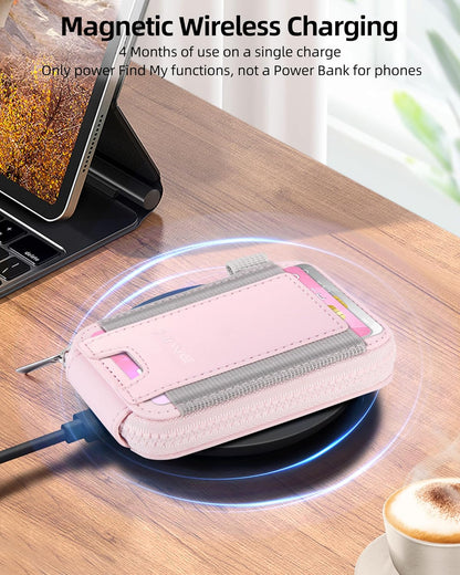 HOTSmall Wallet for Women with Rechargeable Find My Tracker Built-in, Zipper Accordion Credit Card Holder with Keyring, Anti-loss Fashion Minimalist Slim, Pink