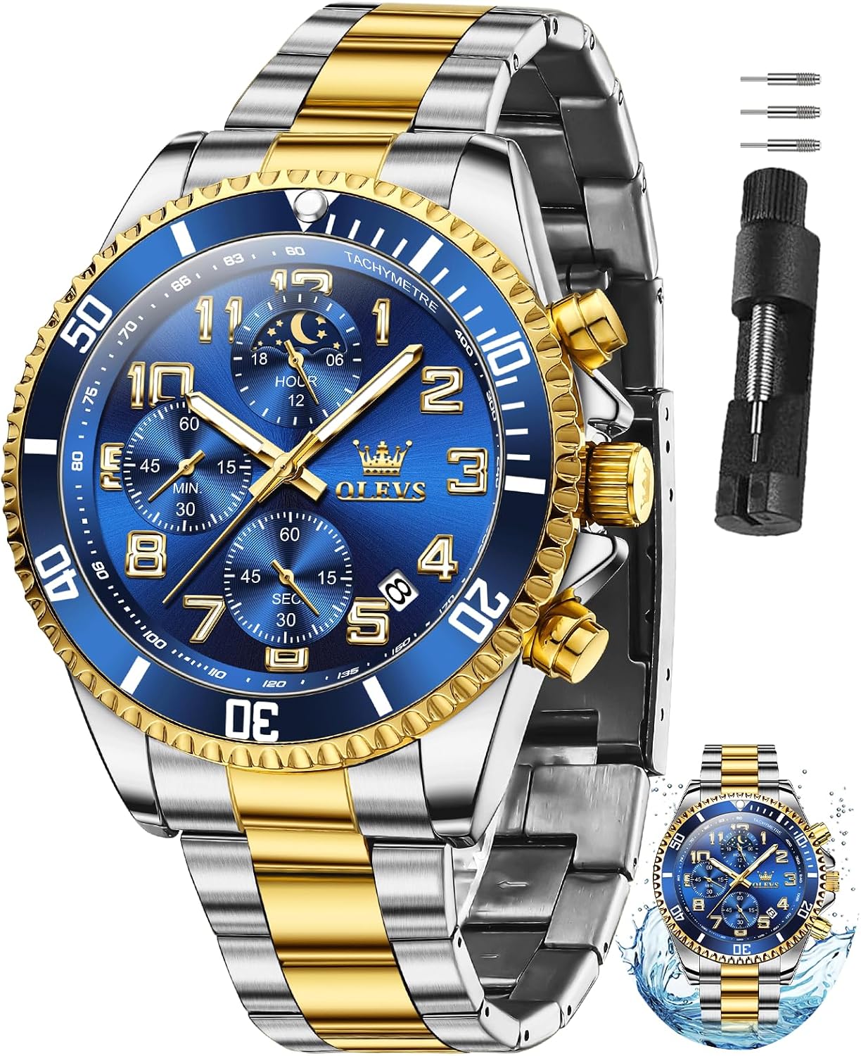 HOTOLEVS Watches for Men Stainless Steel Dress Men Watch with Date Big Face Chronograph Waterproof Luxury Fashion Watch Blue/Black/Gold/Green/Silver Face Relojes para Hombres