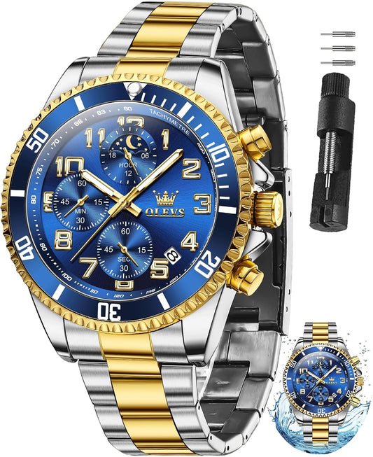 HOTOLEVS Watches for Men Stainless Steel Dress Men Watch with Date Big Face Chronograph Waterproof Luxury Fashion Watch Blue/Black/Gold/Green/Silver Face Relojes para Hombres