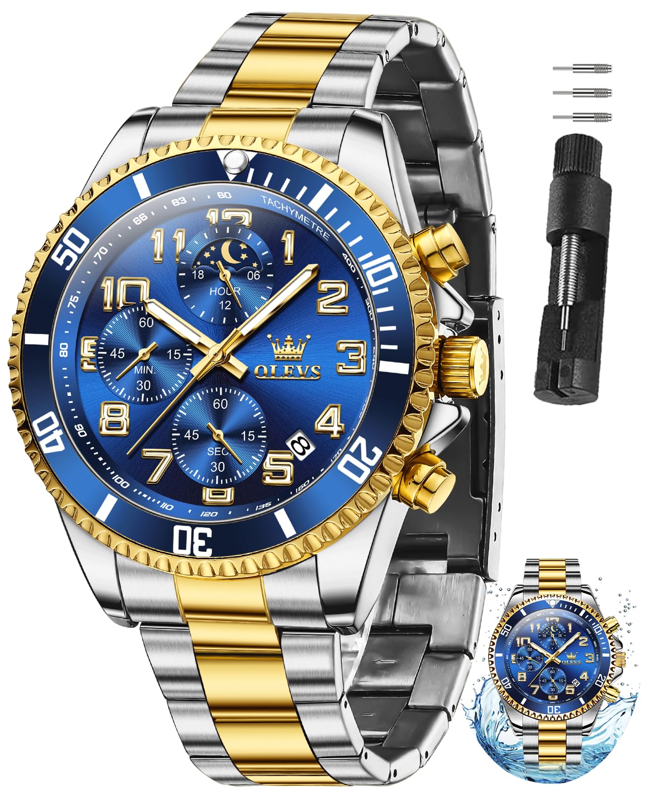 HOTOLEVS Watches for Men Stainless Steel Dress Men Watch with Date Big Face Chronograph Waterproof Luxury Fashion Watch Blue/Black/Gold/Green/Silver Face Relojes para Hombres