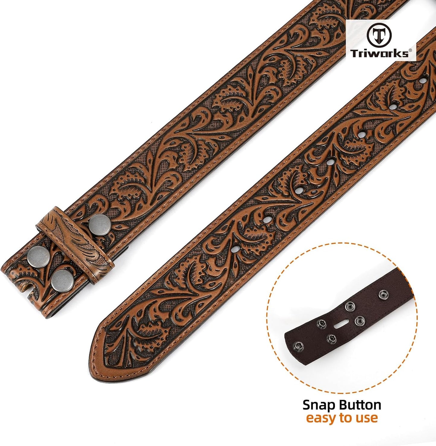 HOTTRIWORKS Western Belt Strap for Men without Buckle 1.5" Wide Floral Engraved Embossed Leather Belt Strap