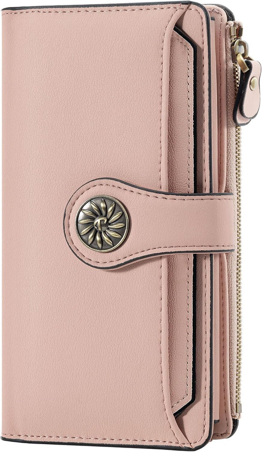 HOTTravelambo Women's Wallet RFID Blocking Large Size Triple Fold Oil Edge Leather Card Holder with Zipper Pocket & Slim Compact Credit Card Organizer for Ladies