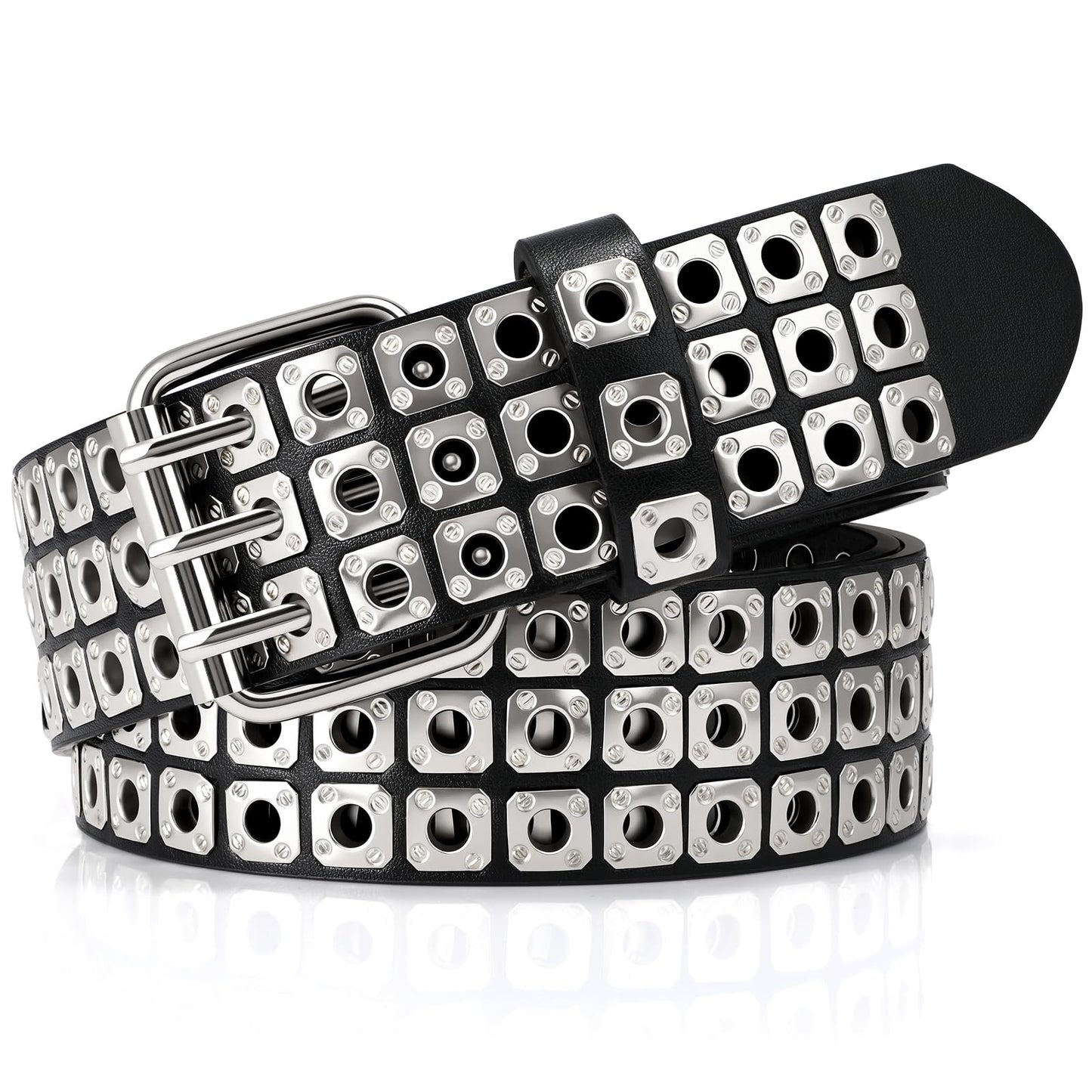 HOTSUOSDEY Black Studded Belt,Y2K Silver Metal Grommet Belt for Men Women Punk Rock Style for Jeans Pants