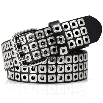 HOTSUOSDEY Black Studded Belt,Y2K Silver Metal Grommet Belt for Men Women Punk Rock Style for Jeans Pants