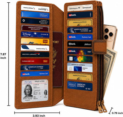 HOTESS RFID Blocking Leather Wallet for Women Slim Bifold Card Holder | - Double Zipper Money Organizer with 43 Card Slots, Passport Pocket, iPhone Storage, ID Window, Travel Wallet Brown