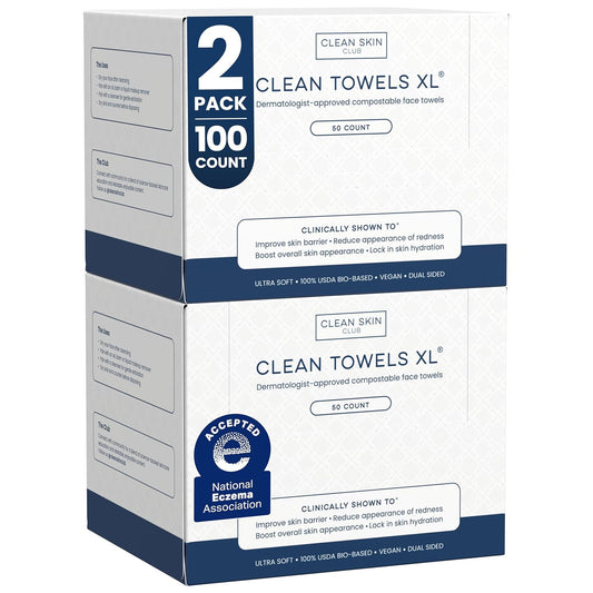 HOTClean Skin Club Clean Towels XL®, 100% USDA Biobased Face Towel, Disposable Face Towelette, Eczema Association Accepted, Makeup Remover Dry Wipes, Ultra Soft, 50 ct per pack, 2 Packs, 100 Ct Total