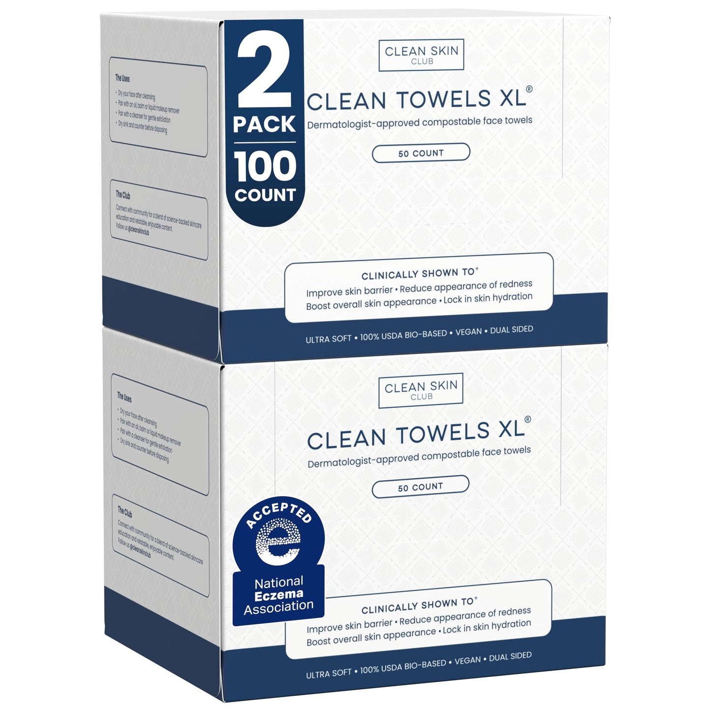 HOTClean Skin Club Clean Towels XL®, 100% USDA Biobased Face Towel, Disposable Face Towelette, Eczema Association Accepted, Makeup Remover Dry Wipes, Ultra Soft, 1 Pack, 50 Ct