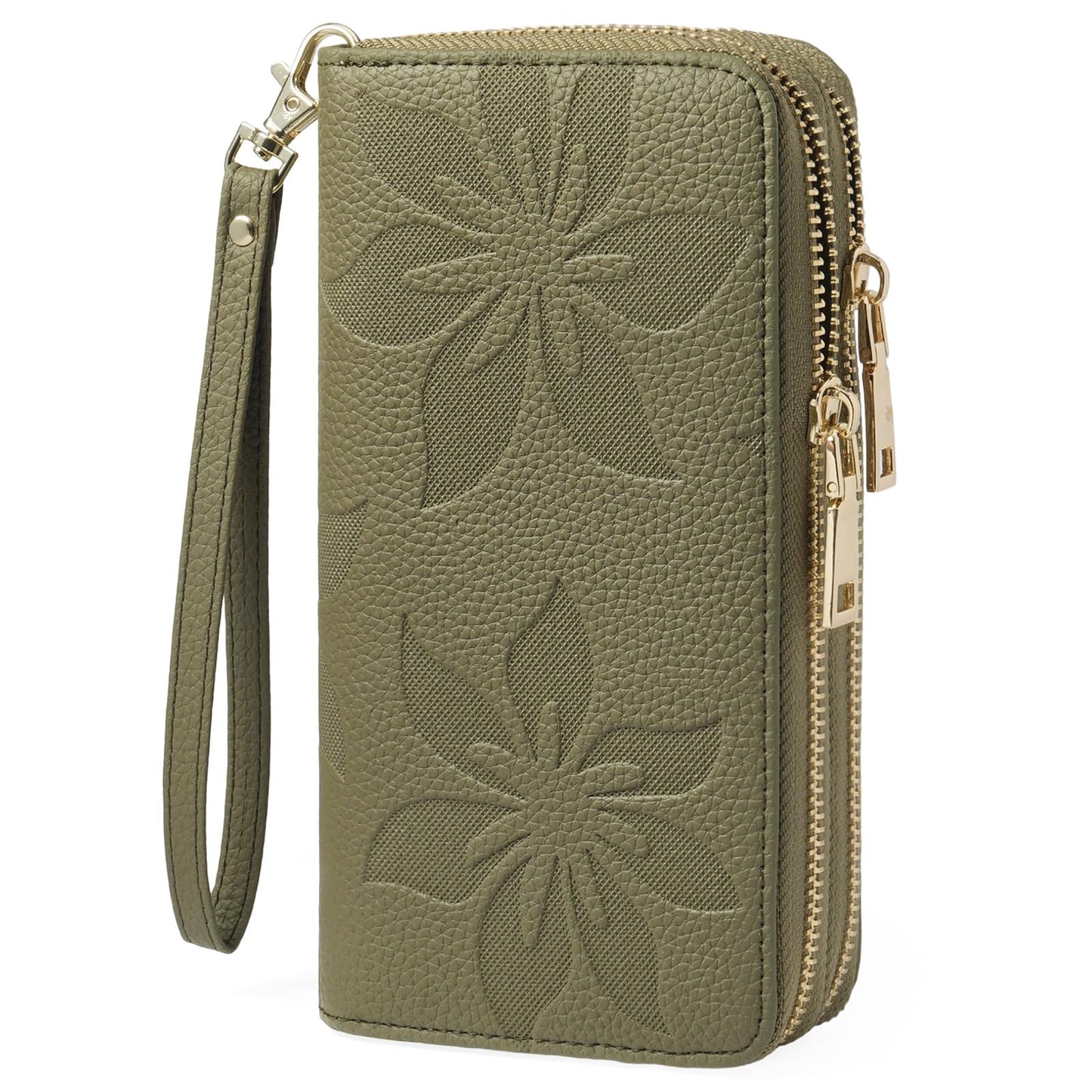 HOTGOIACII Women's Wallet Large Capacity Double Zip Ladies Card Phone Holder RFID Blocking Wristlet Leather