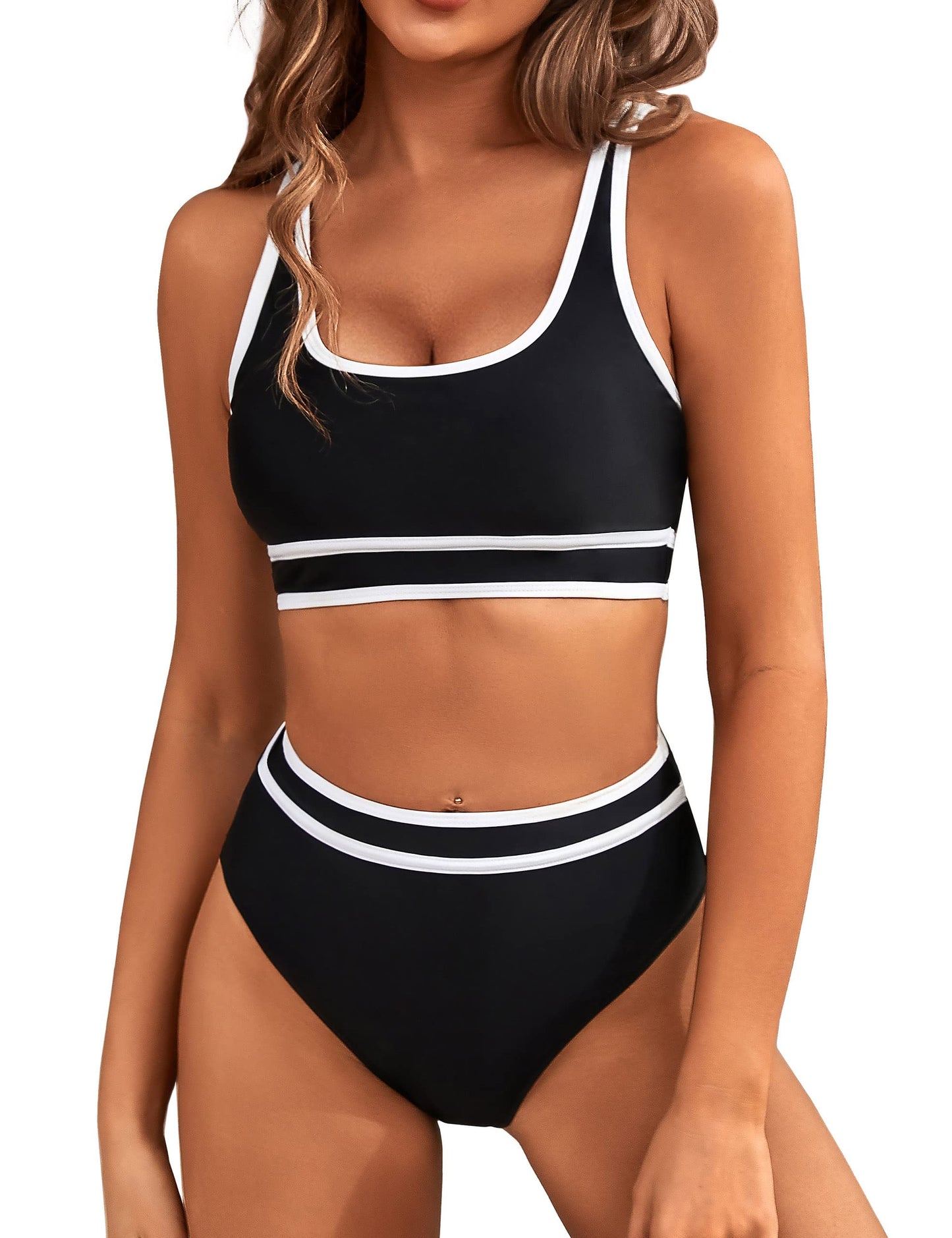 HOTBMJL Women's High Waisted Bikini Sets Sporty Two Piece Swimsuits Color Block Tummy Control Modest Bathing Suit