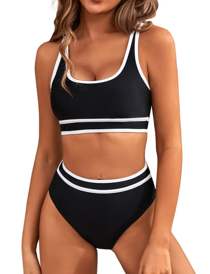 HOTBMJL Women's High Waisted Bikini Sets Sporty Two Piece Swimsuits Color Block Tummy Control Modest Bathing Suit