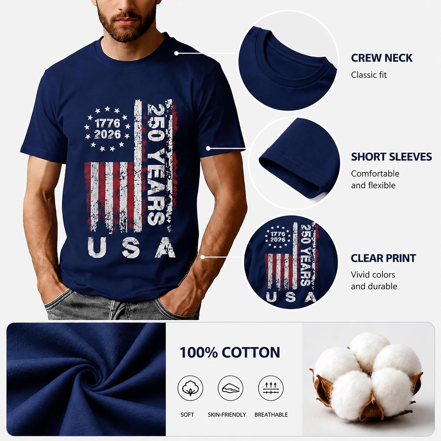 HOT250 Anniversary USA Shirts: 1776-2026 250th Birthday Patriotic American Flag T-Shirt 4th of July Shirt