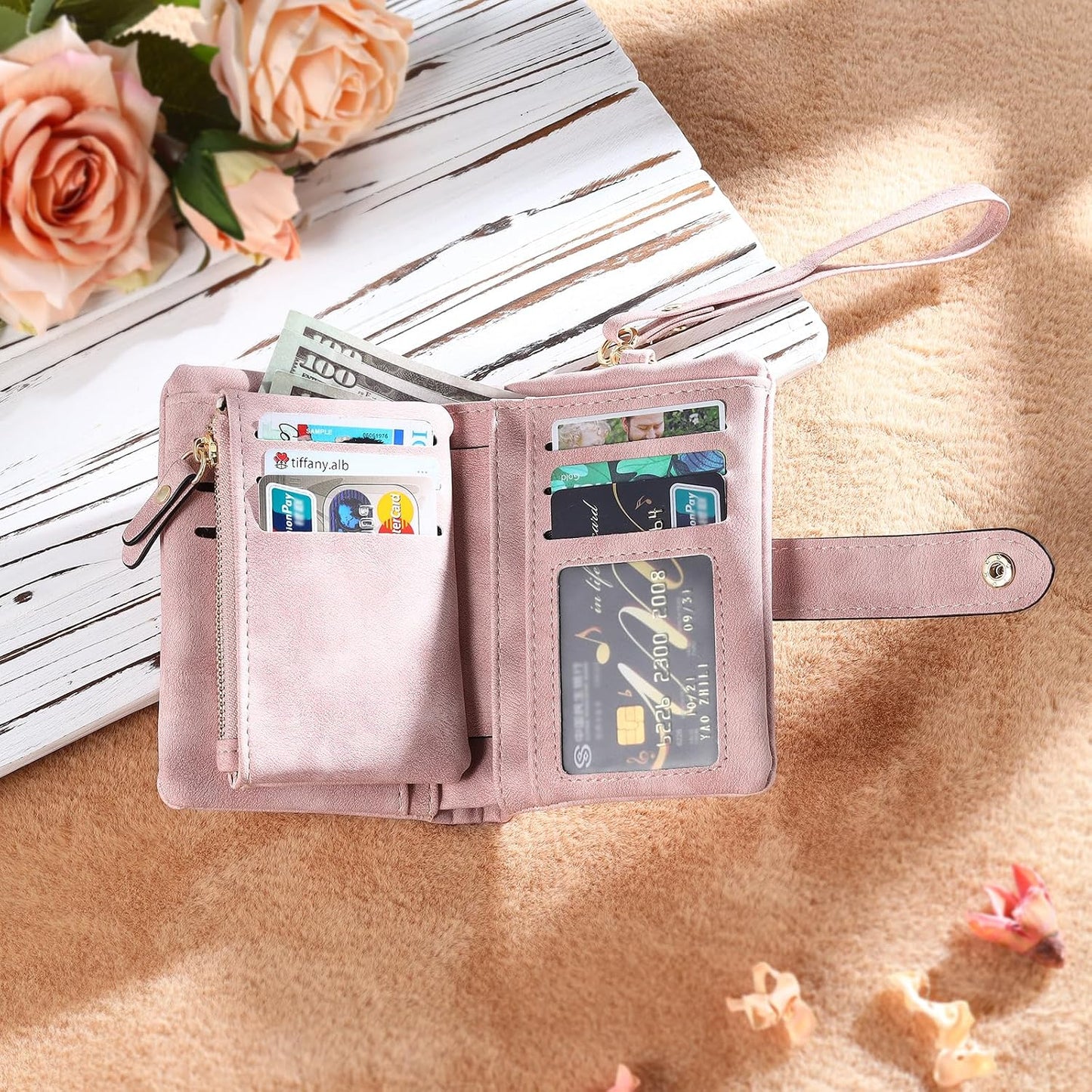 HOTPersonalized Custom Wallet with Birth Flower & Name for Women Mom Credit Card Wallet With Wrist Strap Birthday Gifts for Mothers Day (Pink)