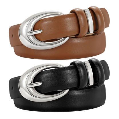 HOTTRIWORKS 2 Pack Women Leather Belt for Jeans Pants Fashion Ladies Faux Leather Belt with Gold Buckle