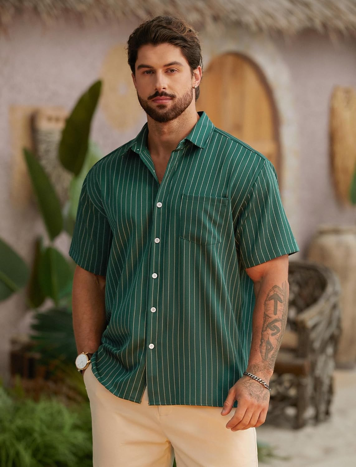 HOTHardaddy Men's Casual Striped Shirts Button Down Short Sleeve Blouse Summer Hawaiian Shirt